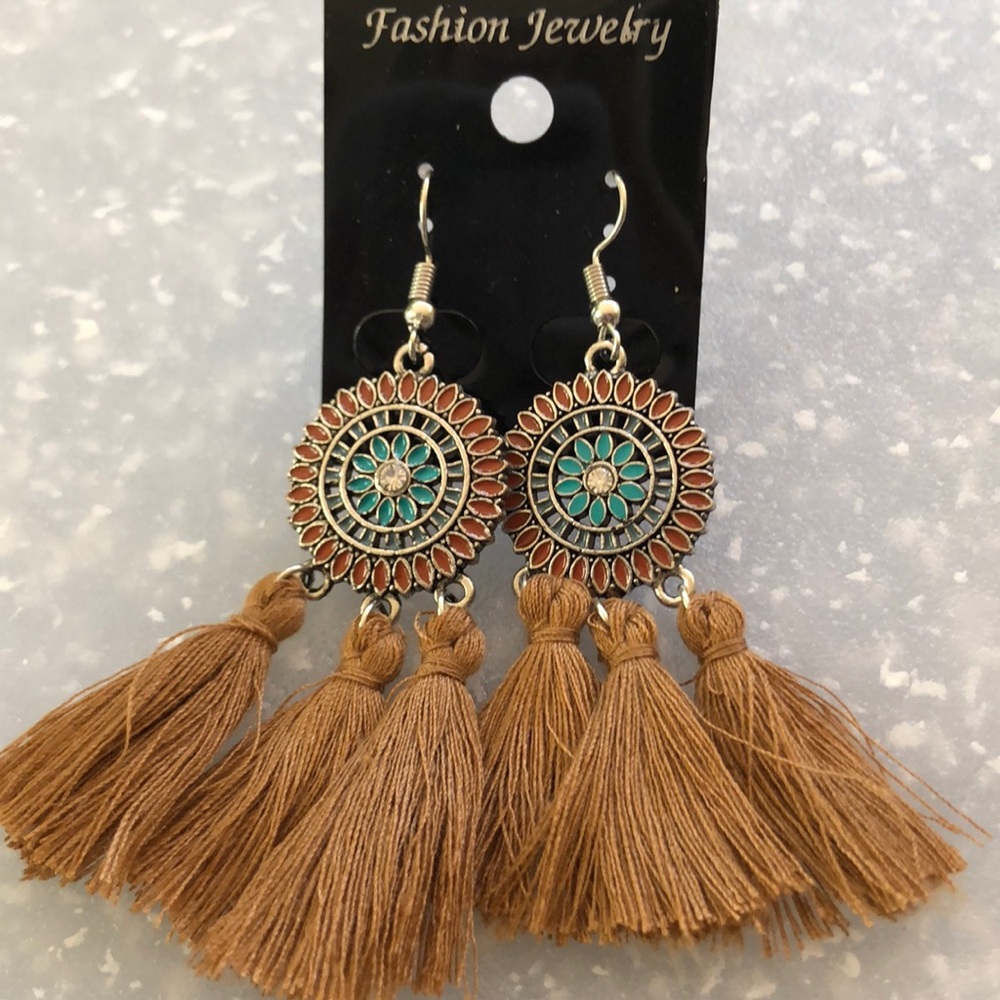 Boho brown/turquoise tassel earrings